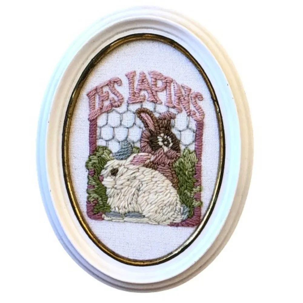 Vintage Long Needlepoint Bunny Rabbits Easter Wall Art Framed